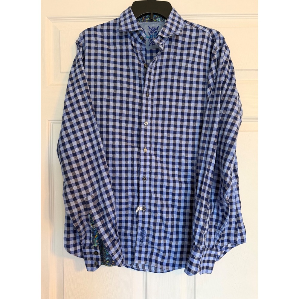 Robert Graham Mens Slim Fit Blue Gingham Button Down Shirt Floral‎ Cuffs Large